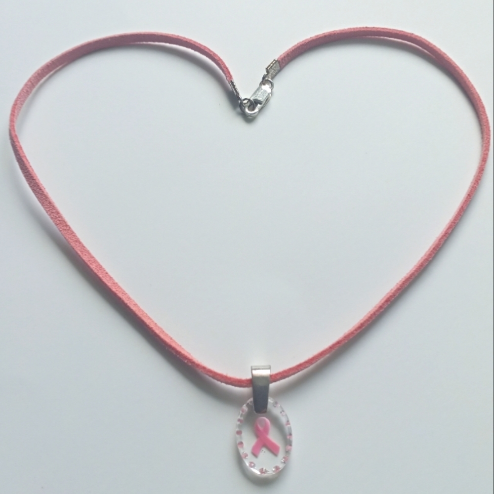 Silver & leather breast cancer necklace